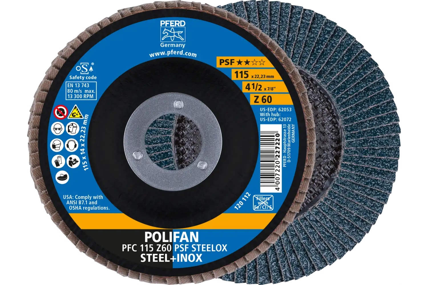Picture of Pferd Flap Disc, 4-1/2" x 7/8, Z PSF Steelox, 60 Grit, T29, Conical, Zirconia